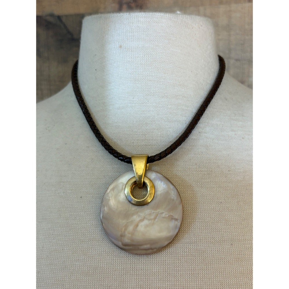 Brown Braided Cord Mother of Pearl Shell Round Pendant Necklace Gold Tone